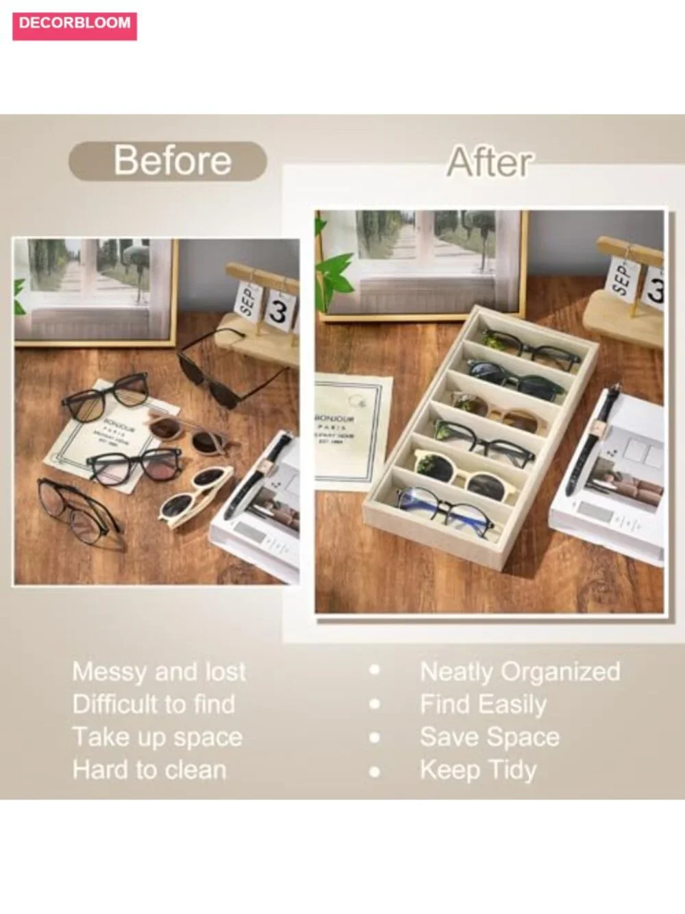 Set of 4 Velvet Sunglass Trays 6 Grids Linen Organizer Stackable Storage